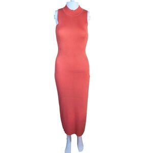 Lulus Burnt Orange Ribbed Bodycon Midi‎ Dress Small Sleeveless Knit Mock Neck